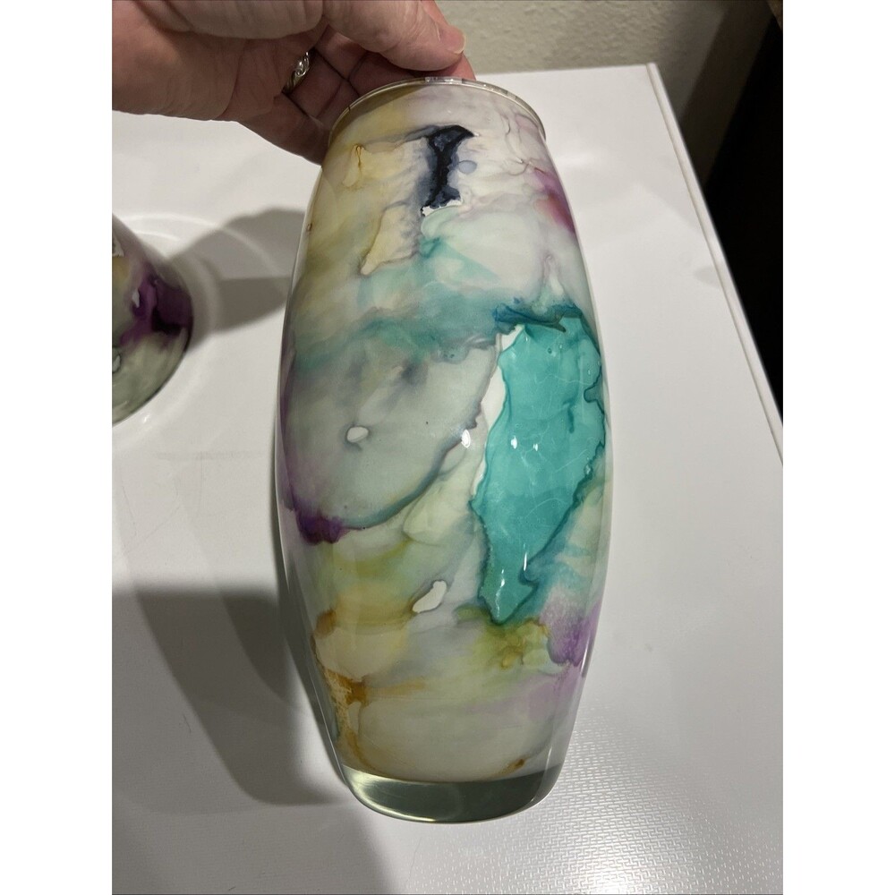 Swirl Vase Reverse Painted Watercolor Art Glass Italy Lot Of 2 Blue Purple Etc - Picture 10 of 13